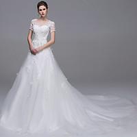 A-line Wedding Dress Cathedral Train Bateau Tulle with Appliques Beading Pearl Sequin