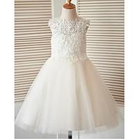 A-line Knee-length Flower Girl Dress - Lace Tulle Jewel with Buttons Lace