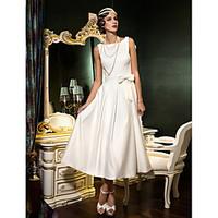 A-line Wedding Dress - Classic Timeless Elegant Luxurious Reception Little White Dress Vintage Inspired Open Back Tea-length Bateau