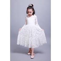 A-line Ankle-length Flower Girl Dress - Cotton Long Sleeve Jewel with Lace Pleats