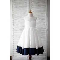 A-line Tea-length Flower Girl Dress - Lace / Satin Sleeveless Jewel with