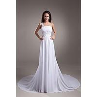 A-line Wedding Dress Simply Sublime Court Train One Shoulder Chiffon Satin with Beading Draped