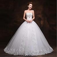 A-line Wedding Dress Lacy Look Court Train Sweetheart Tulle with Bow Appliques Beading