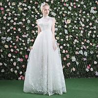 A-line Wedding Dress - Classic Timeless Chic Modern See-Through Floor-length High Neck Lace Tulle with Lace