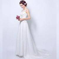 a line wedding dress vintage inspired sweep brush train scoop lace tul ...