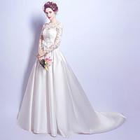 A-line Wedding Dress Vintage Inspired Court Train Scoop Satin with Lace