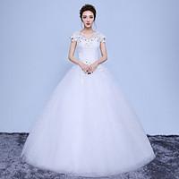 A-line Wedding Dress Floor-length V-neck Cotton Lace Tulle with Appliques Lace Pattern Sequin