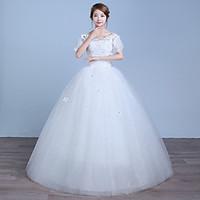 A-line Wedding Dress Floor-length V-neck Cotton Lace Tulle with Appliques Lace Sequin