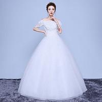 A-line Wedding Dress Floor-length Off-the-shoulder Cotton Lace Tulle with Appliques Lace Sequin