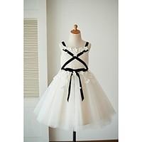 A-line Knee-length Flower Girl Dress - Lace Tulle Straps with Bow(s) Flower(s) Sash / Ribbon