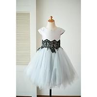 A-line Knee-length Flower Girl Dress - Tulle Mikado Scoop with Lace