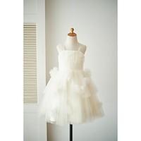 a line knee length flower girl dress tulle straps with flowers