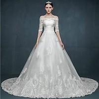 a line wedding dress floral lace chapel train off the shoulder tulle w ...