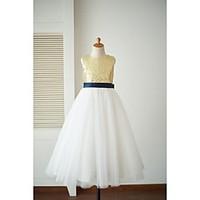 A-line Ankle-length Flower Girl Dress - Tulle Sequined Jewel with Bow(s) Sash / Ribbon