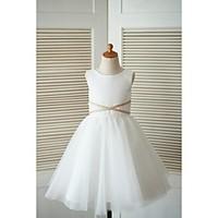 A-line Knee-length Flower Girl Dress - Satin Tulle Scoop with Appliques