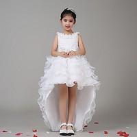 A-line Asymmetrical Flower Girl Dress - Chiffon Stretch Satin Jewel with Bow(s) Cascading Ruffles