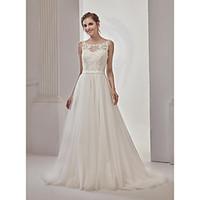 a line wedding dress see through court train round neck tulle netting  ...