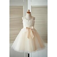 a line knee length flower girl dress lace tulle spaghetti straps with  ...