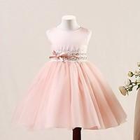 A-line Short / Mini Flower Girl Dress - Tulle Sleeveless Jewel with Buttons / Sequins