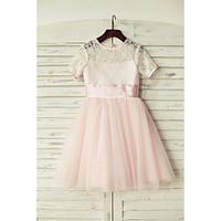 A-line Knee-length Flower Girl Dress - Lace Tulle Jewel with Sash / Ribbon