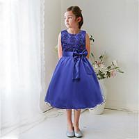 A-line Knee-length Flower Girl Dress - Satin / Tulle Sleeveless Jewel with Appliques / Bow(s)