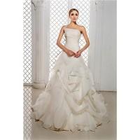 A-line Wedding Dress Vintage Inspired Court Train Strapless Organza Satin with Pick-Up Side-Draped