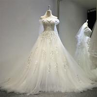 A-line Wedding Dress Vintage Inspired Court Train Off-the-shoulder Tulle with Appliques Crystal Lace