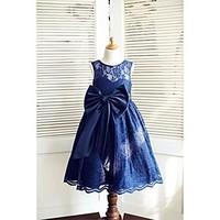 A-line Tea-length Flower Girl Dress - Lace / Satin Sleeveless Jewel with