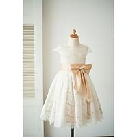 a line knee length flower girl dress lace satin short sleeve jewel wit ...