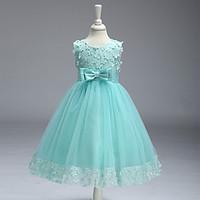 A-line Knee-length Flower Girl Dress - Tulle Jewel with Bow(s) Flower(s) Lace Sash / Ribbon