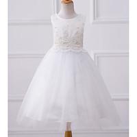 A-line Knee-length Flower Girl Dress - Organza Jewel with Appliques Beading Bow(s)