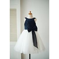 A-line Knee-length Flower Girl Dress - Chiffon Tulle Sleeveless Scoop with Bow(s)