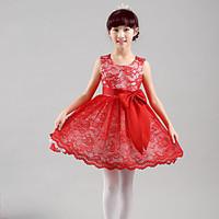 A-line Knee-length Flower Girl Dress - Lace Tulle Jewel with Sash / Ribbon