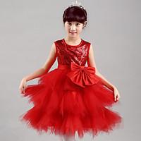 A-line Knee-length Flower Girl Dress - Tulle Jewel with Bow(s) Sequins