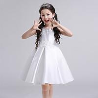 A-line Knee-length Flower Girl Dress - Satin Jewel with Appliques