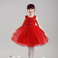 A-line Knee-length Flower Girl Dress - Satin Tulle Jewel with Bow(s)