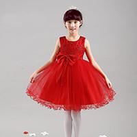 a line knee length flower girl dress satin tulle jewel with bows