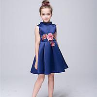 A-line Knee-length Flower Girl Dress - Stretch Satin High Neck with Applique Appliques Embroidered lace