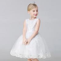 A-line Knee-length Flower Girl Dress - Lace Satin Tulle Jewel with Appliques Lace