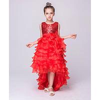 A-line Asymmetrical Flower Girl Dress - Organza Jewel with Bow(s) Sash / Ribbon Sequins