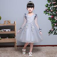 A-line Knee-length Flower Girl Dress - Satin Tulle Jewel with Flower(s) Lace