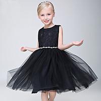 A-line Knee-length Flower Girl Dress - Lace Tulle Jewel with Crystal Detailing Lace Sash / Ribbon