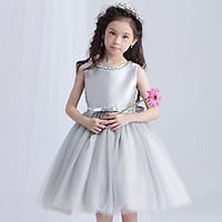 A-line Knee-length Flower Girl Dress - Tulle Jewel with Beading Bow(s)