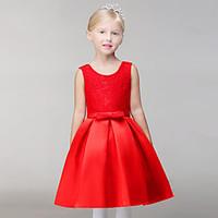 A-line Knee-length Flower Girl Dress - Satin Jewel with Bow(s) Sash / Ribbon