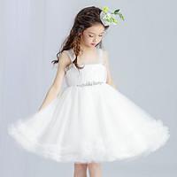 a line knee length flower girl dress tulle straps with beading