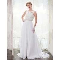 A-line Wedding Dress Chapel Train Scoop Chiffon Lace with Beading Button Lace