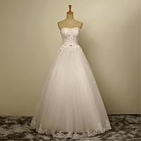 A-line Wedding Dress Lacy Look Floor-length Strapless Tulle with Appliques Beading