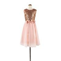 A-line Tea-length Flower Girl Dress - Chiffon / Sequined Sleeveless Jewel with Flower(s) / Sash / Ribbon