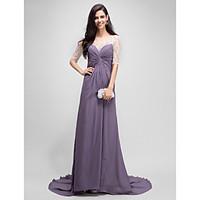 A-line Mother of the Bride Dress - Elegant Floor-length Half Sleeve Chiffon with Beading Criss Cross