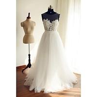 A-line Wedding Dress See-Through Floor-length Scoop Lace Tulle with Lace Sash / Ribbon